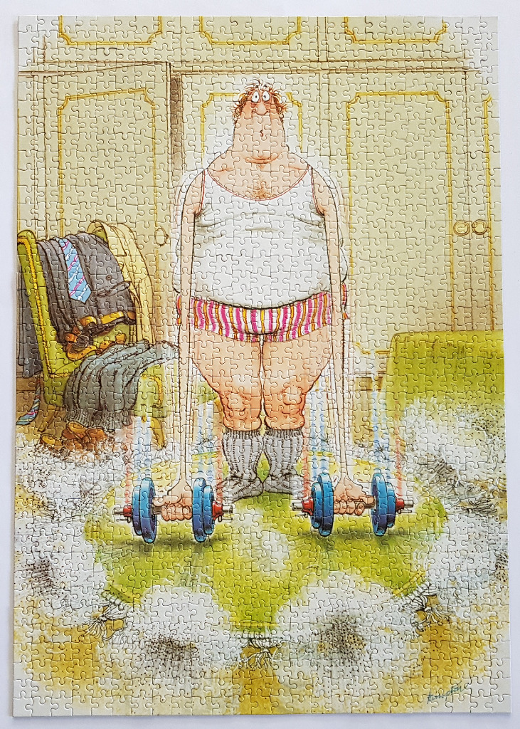 Cartoon illustration of a man with elongated arms lifting heavy dumbbells in a bedroom.