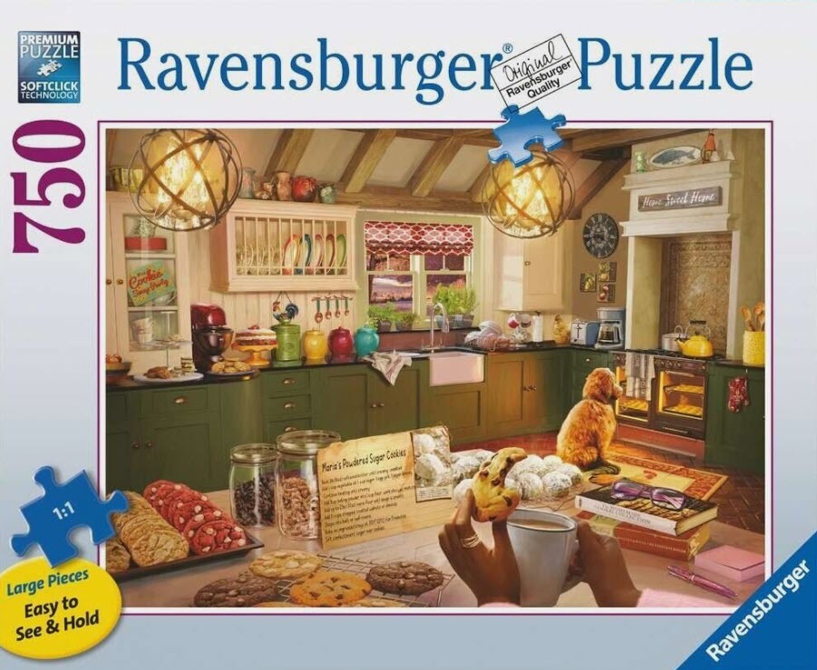 A cozy, warm-toned illustration of a country kitchen with a dog, cookies, and baking supplies.