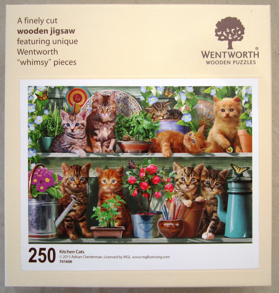 A whimsical illustration of eight kittens posing among potted plants and gardening tools on wooden shelves.