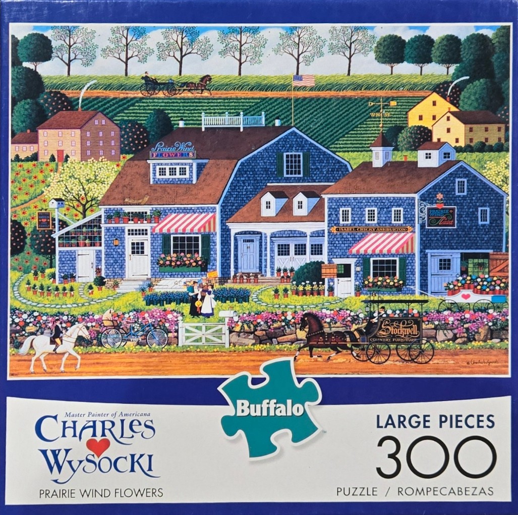 Folk art painting of a large blue rural building with a flower shop and horse-drawn carriage in front.