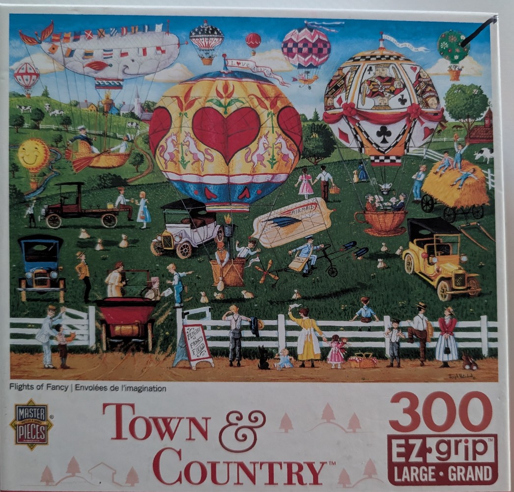 A whimsical illustration of a rural field filled with vintage cars, people, and several colorful hot air balloons.