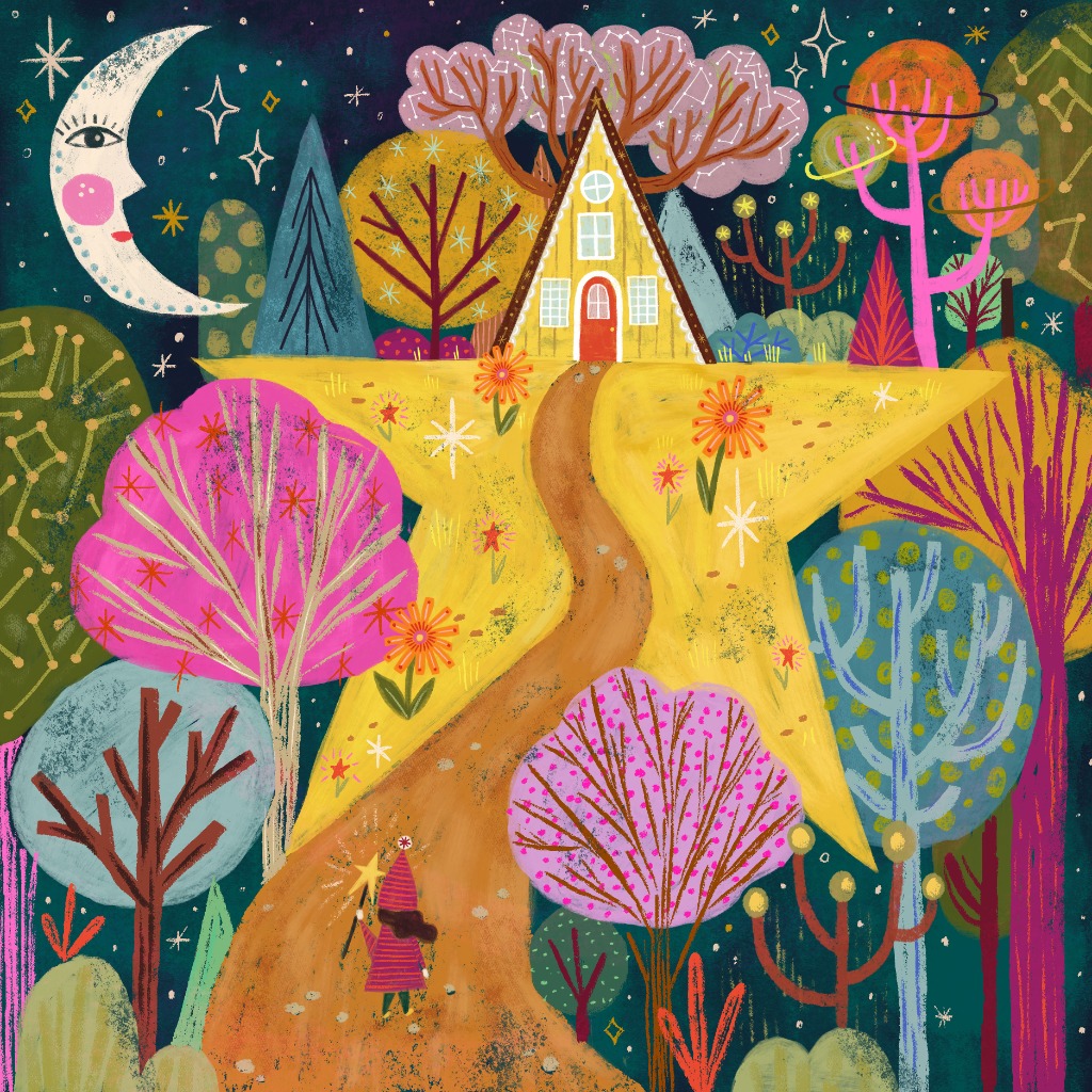A whimsical illustration of a path leading to a yellow star-shaped house under a starry night sky.