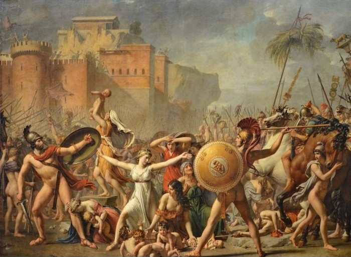 A dynamic historical painting depicts a chaotic battlefield with warriors and women protecting their children.