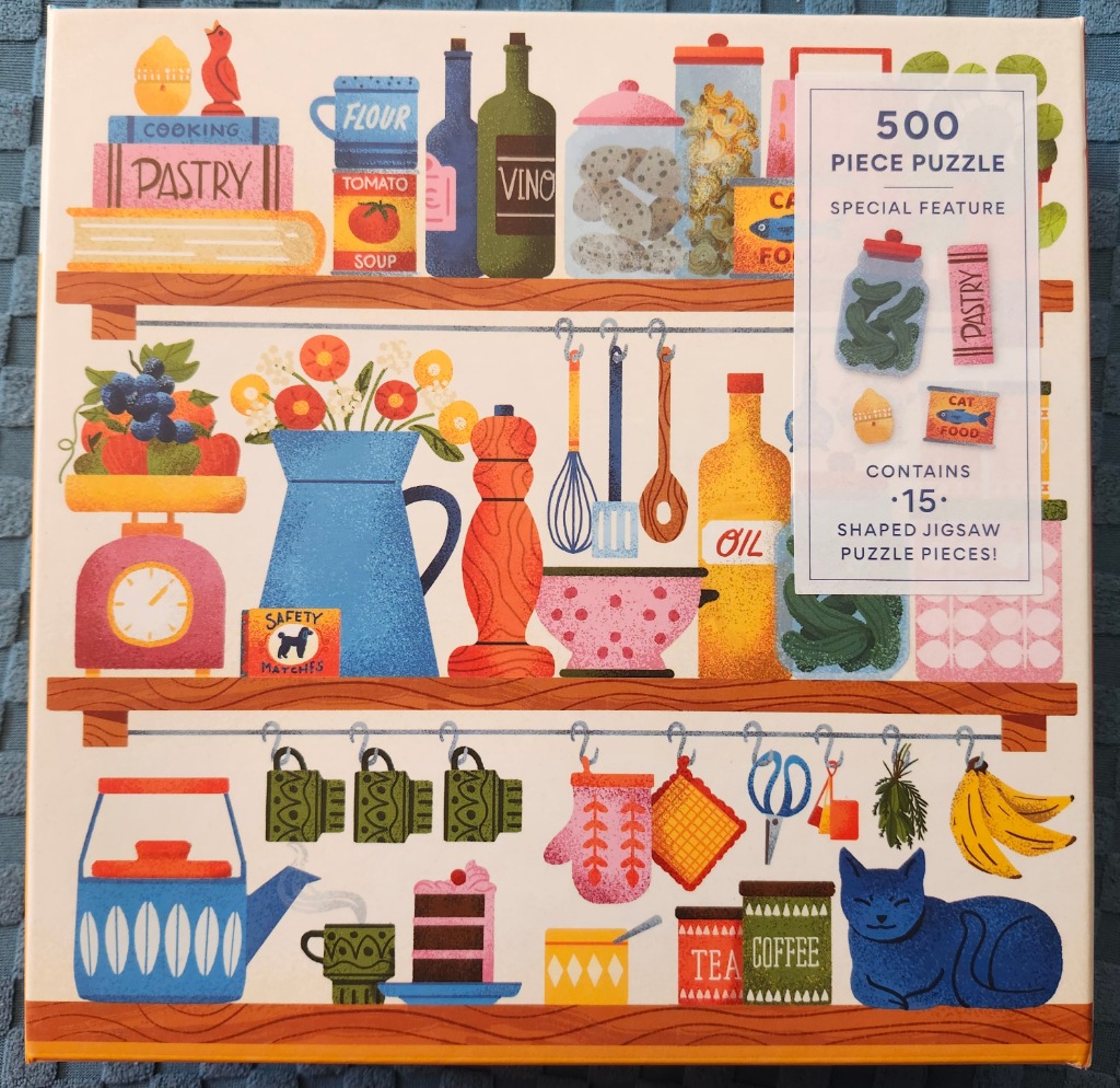 A flat, colorful illustration of a kitchen pantry with shelves stocked with food, kitchenware, and a cat.