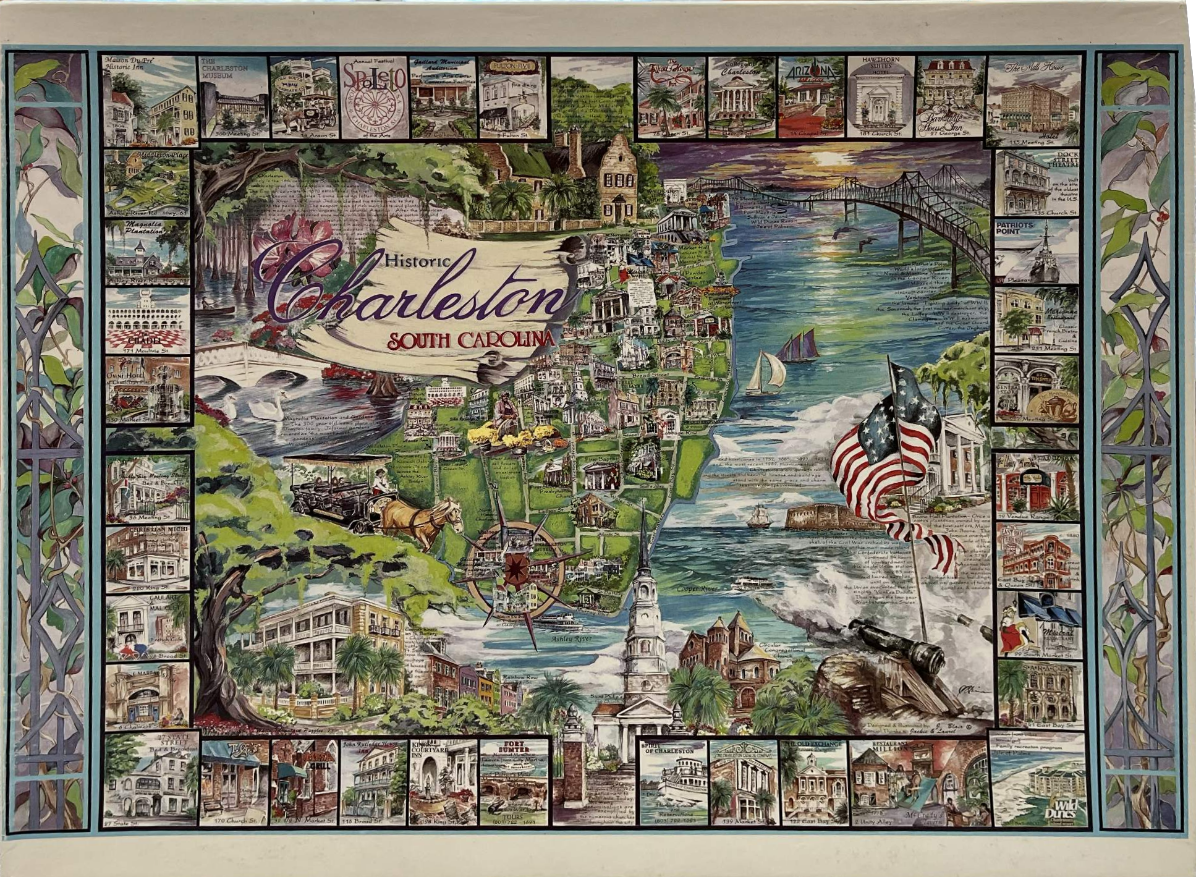 Illustrated map collage of Charleston, South Carolina featuring landmarks and vignettes.