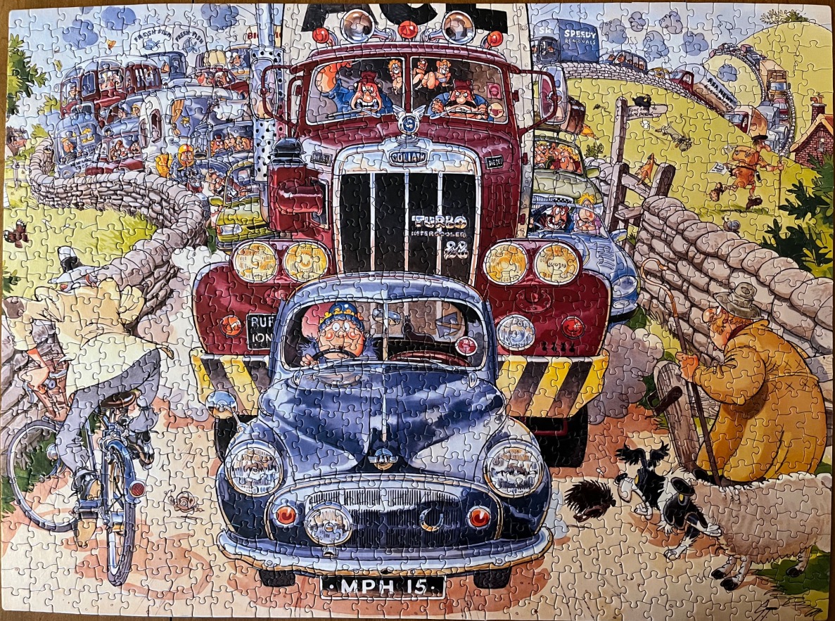 Humorous cartoon of a traffic jam with a red truck, blue car, cyclist, and sheep.