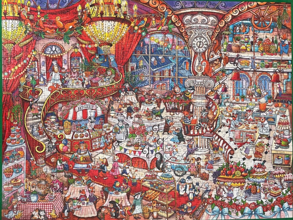 A detailed, whimsical illustration of a bustling bakery and café staffed by anthropomorphic animals.