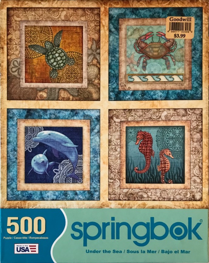 Four square panels featuring sea creatures: a turtle, a crab, two dolphins, and two seahorses, set in a textured background.