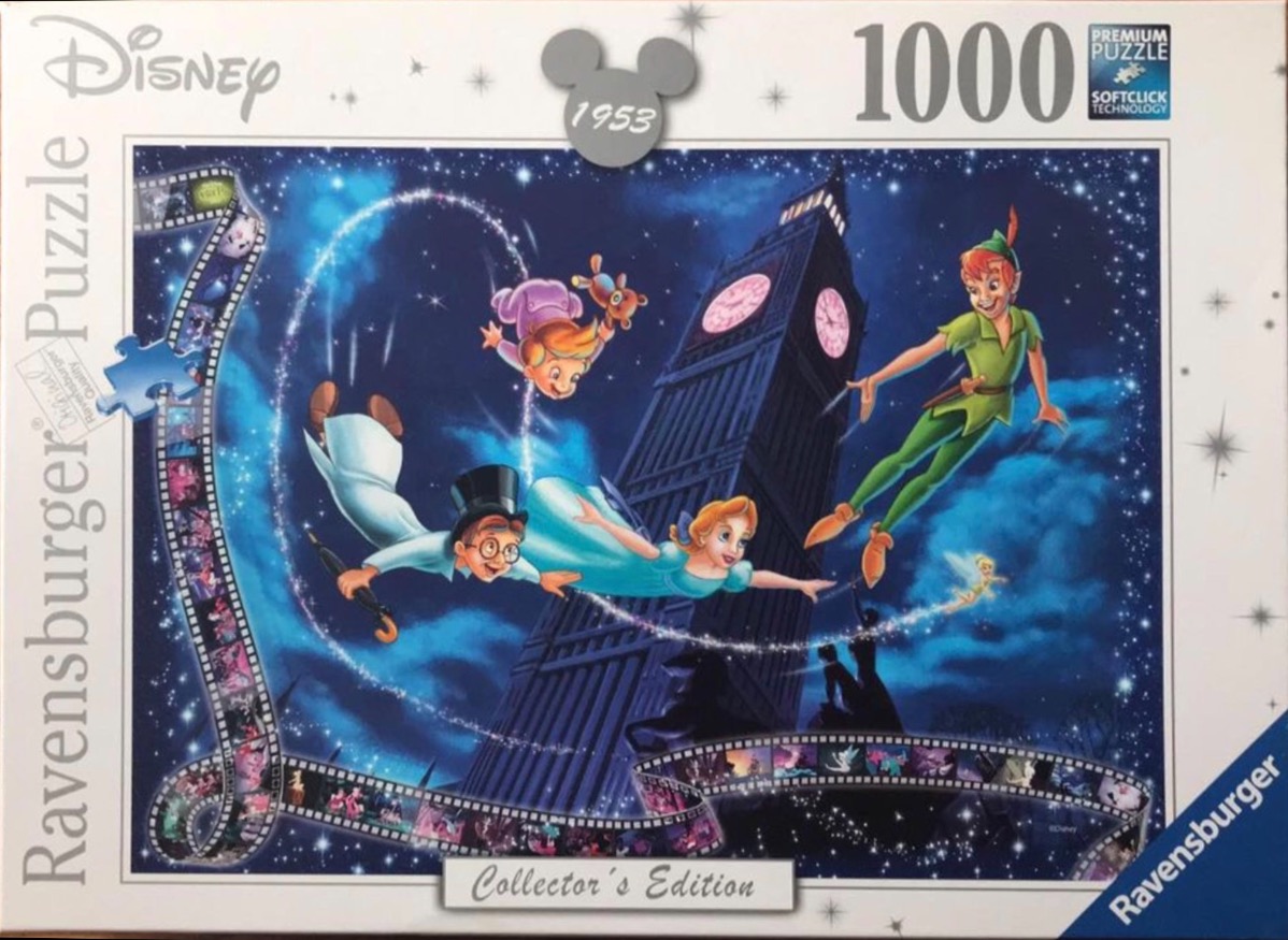 Peter Pan, Wendy, John, and Michael Darling flying over Big Ben at night with a film strip border.