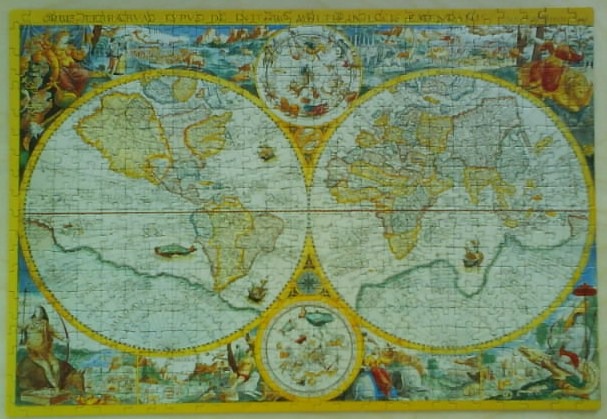 Antique-style double hemispherical world map with ornate illustrations of mythical figures and celestial charts.