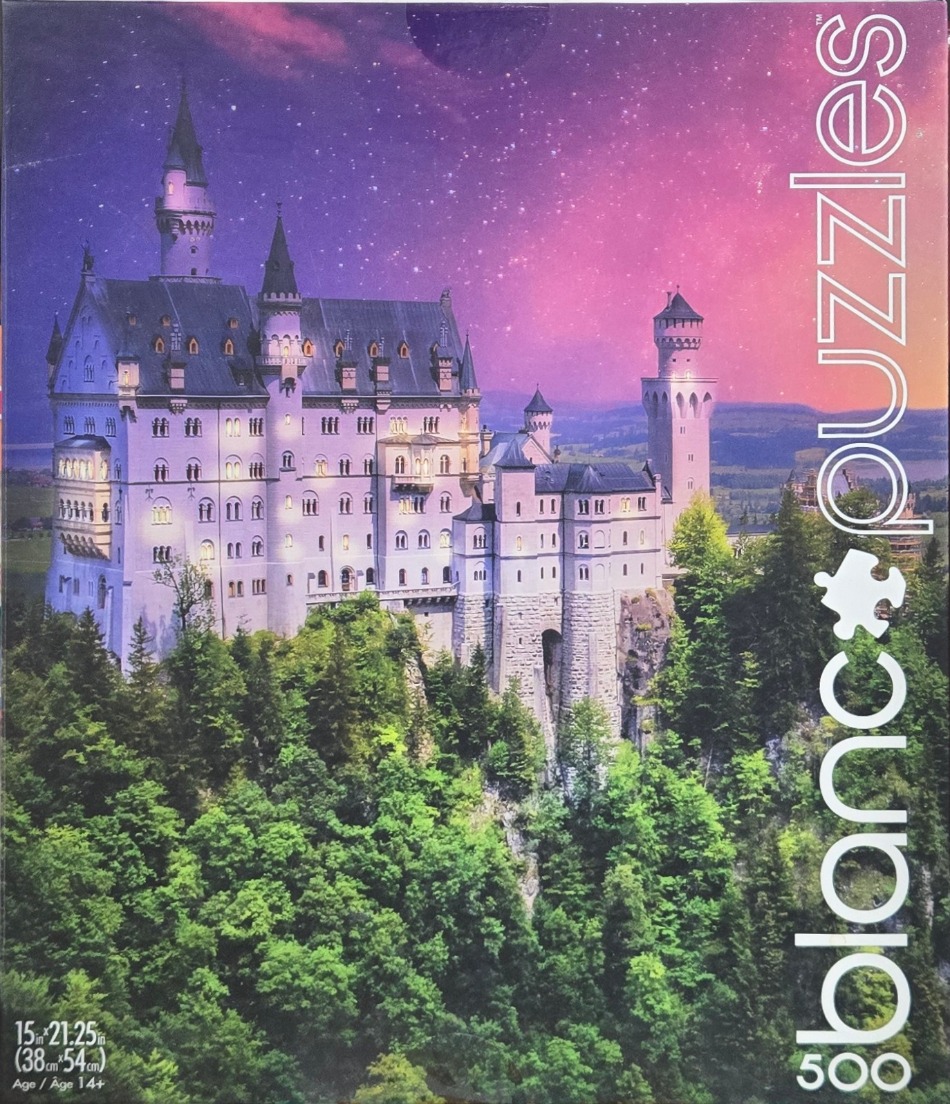 A fairytale castle perched on a lush, green cliff against a vibrant sunset sky filled with stars.