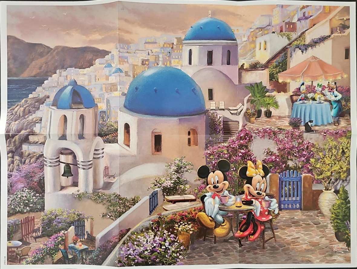 Mickey and Minnie Mouse having tea on a balcony overlooking a scenic Greek village.