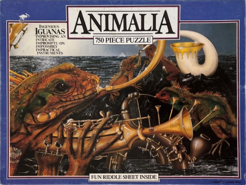 Detailed illustration of several iguanas playing bizarre, brass-like musical instruments against a dark ocean background.