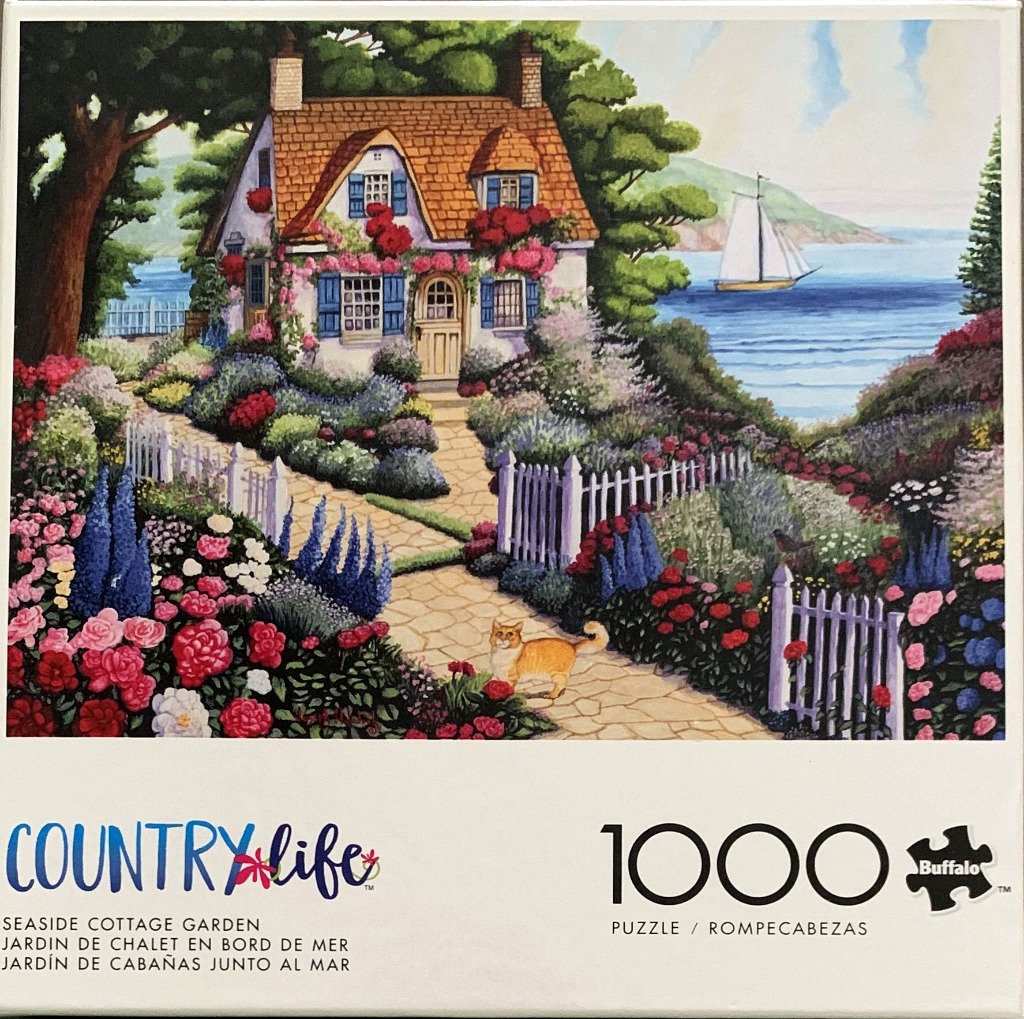 An illustrated seaside cottage surrounded by a vibrant flower garden with an orange cat on a stone path.