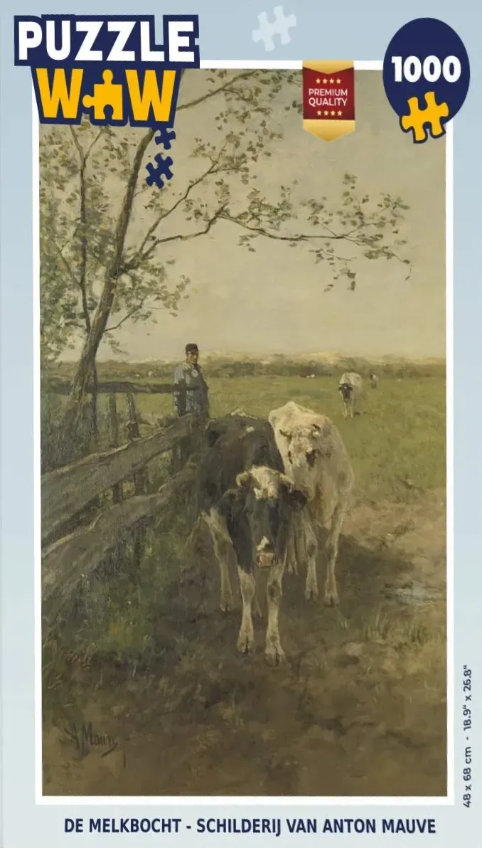 An oil painting of a farmer tending to two cows in a muddy field under a pale, overcast sky.