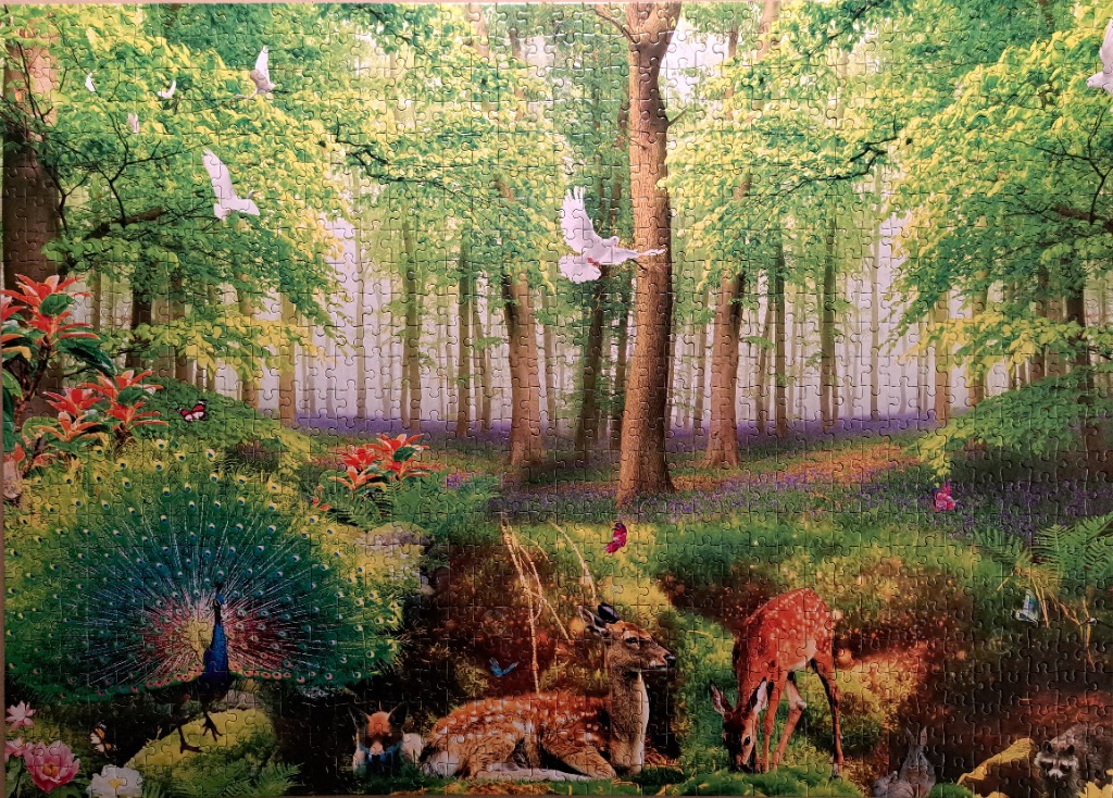 An illustration of a lush forest clearing filled with various animals including a peacock, deer, and doves.