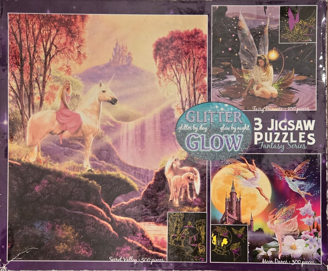 Fantasy art featuring a unicorn with a woman, a fairy princess, and dancing fairies against a moonlit backdrop.
