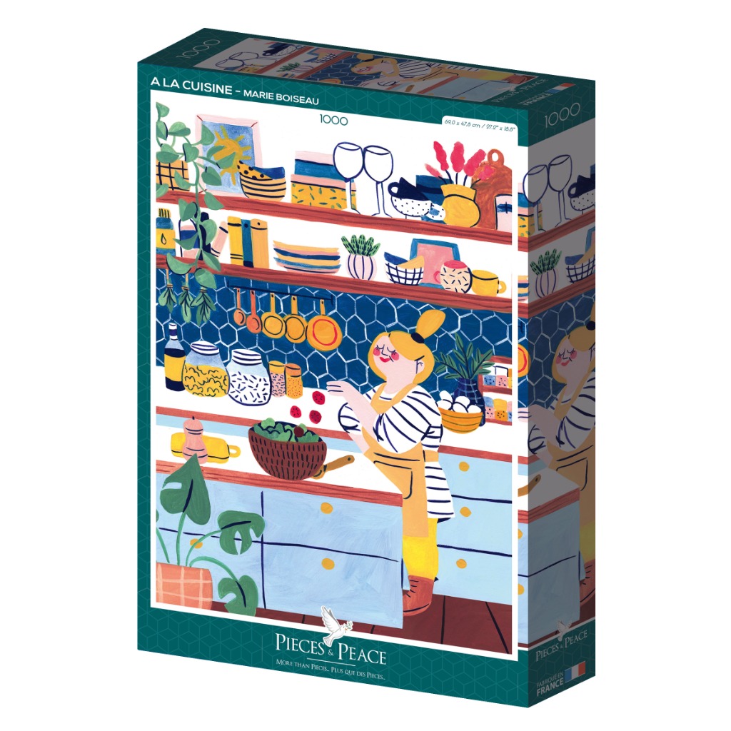 A whimsical illustration of a woman cooking in a cozy, modern kitchen with blue honeycomb tile walls.