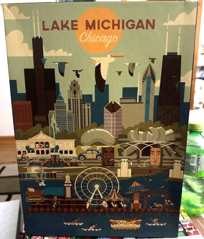 A stylized travel-poster illustration of the Chicago skyline and landmarks featuring a bright sun and flying birds.