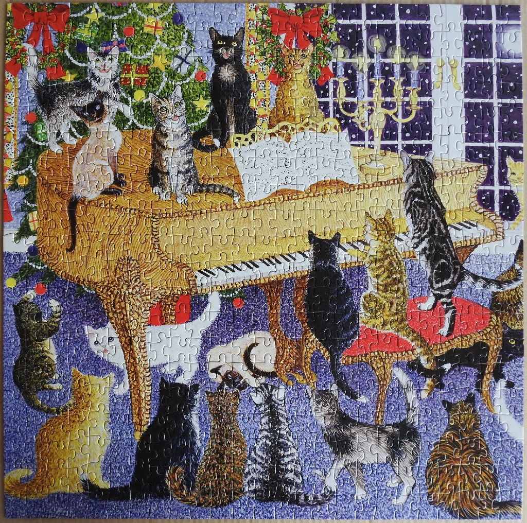 Illustration of many cats surrounding a grand piano in a festive, decorated living room.