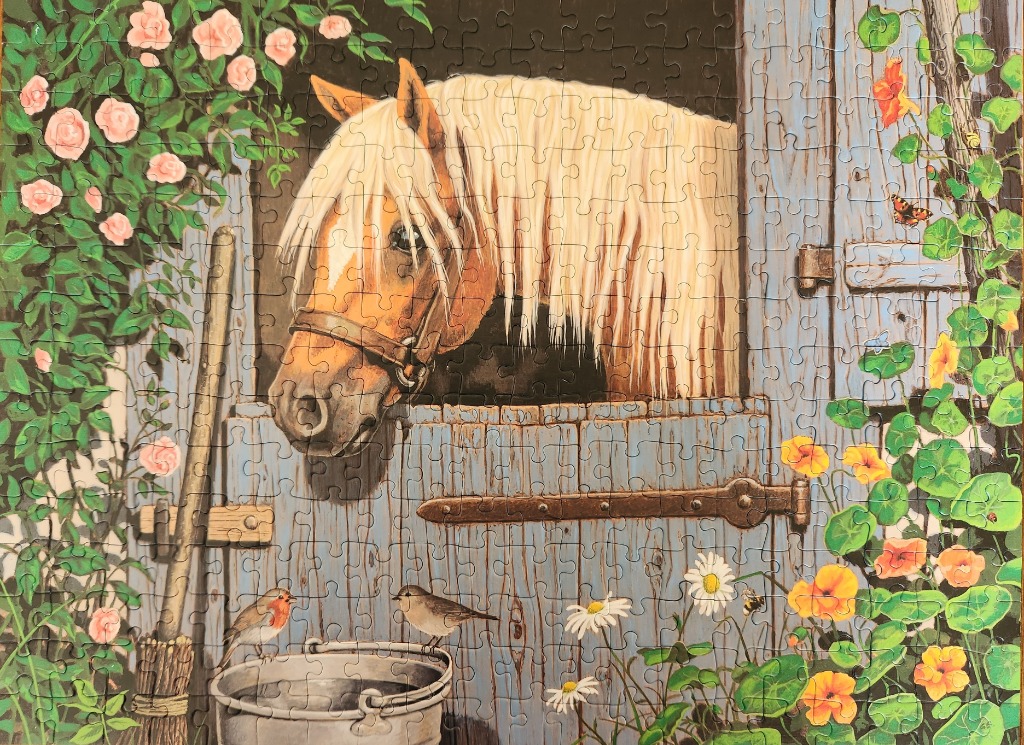 A horse peering over a light blue stable door surrounded by climbing roses and garden flowers.