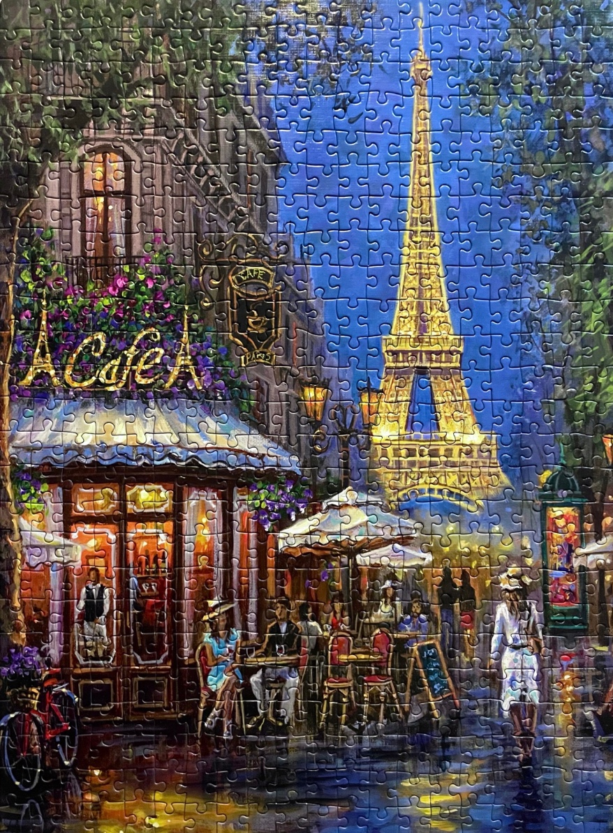 An oil painting of a Parisian street cafe with the Eiffel Tower in the background at twilight.