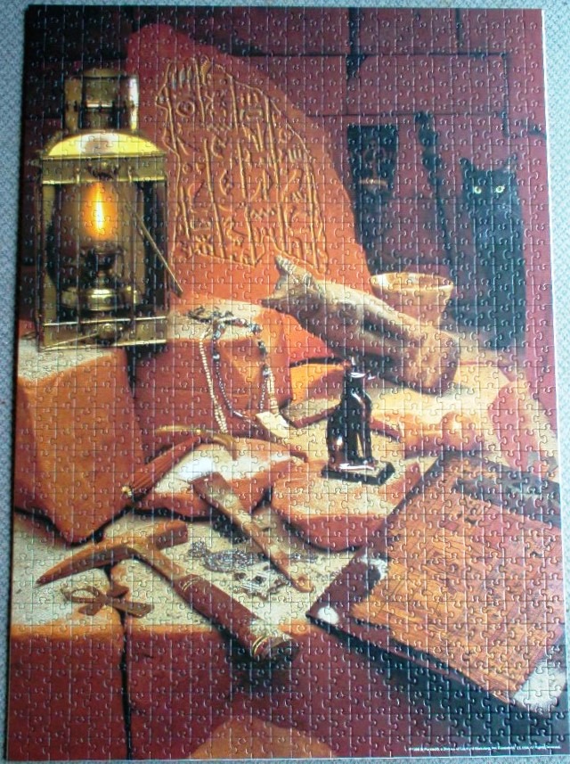 Ancient Egyptian artifacts and a black cat in warm, golden lighting.