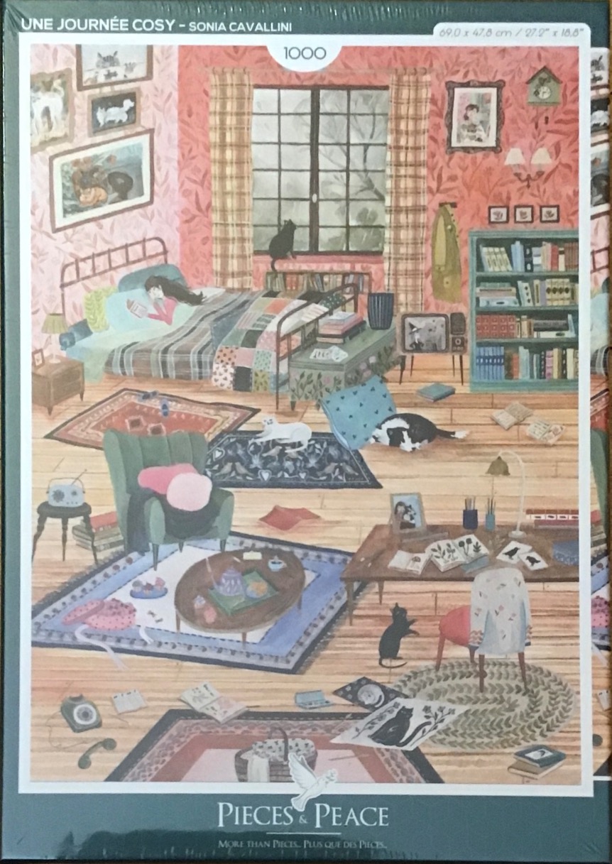 Illustration of a cozy, cluttered bedroom filled with cats and books in warm, soft tones.