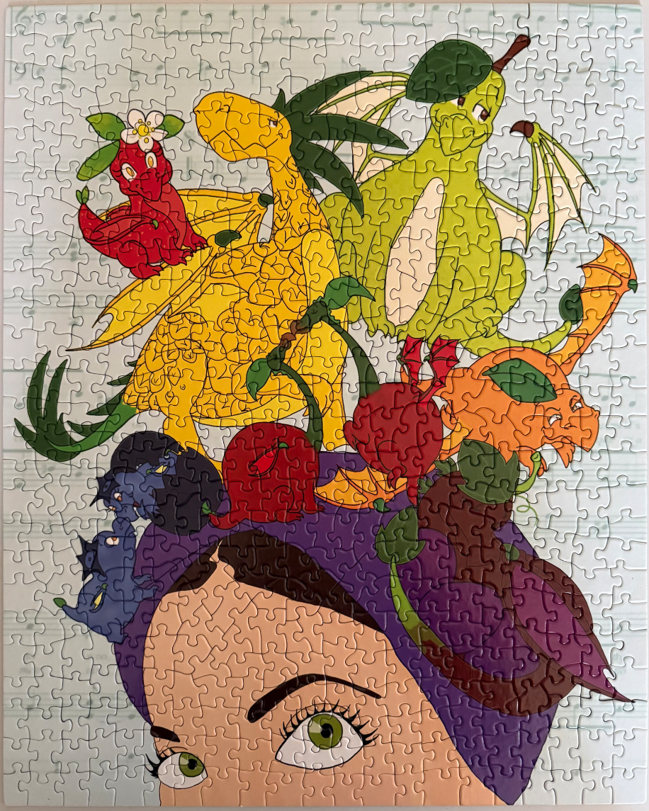 A whimsical illustration of a woman with small, fruit-themed dragons perched atop her purple-clad head.