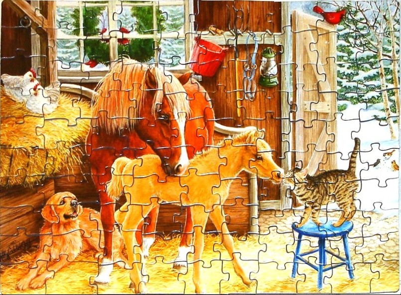 A warm stable scene featuring a horse, foal, golden retriever, and tabby cat in a winter setting.
