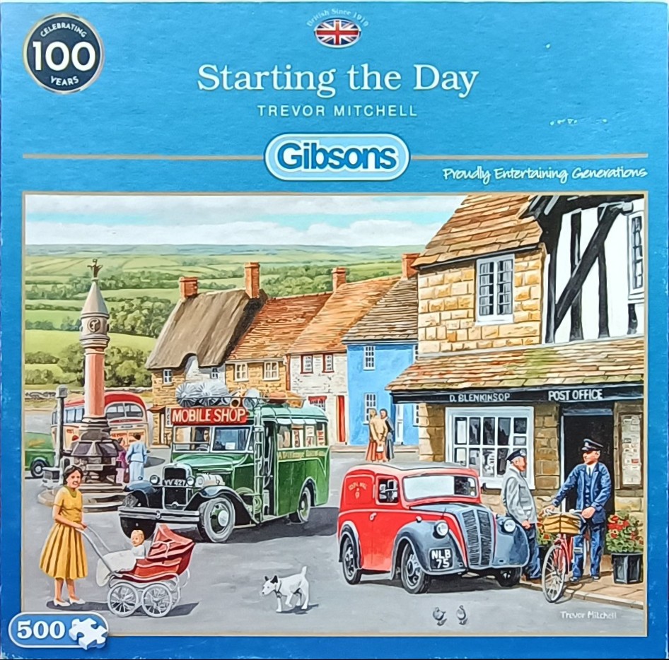 A nostalgic painting of a 1950s English village scene featuring a mobile shop bus, post office, and villagers.