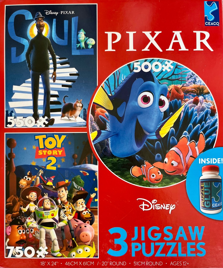 A collection of three Pixar film scenes featuring Soul, Toy Story 2, and Finding Nemo characters.