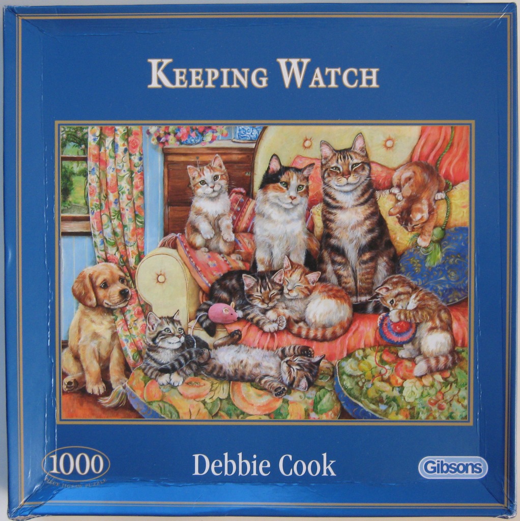 An illustration featuring a golden retriever puppy and many kittens playing on and around a cushioned sofa.