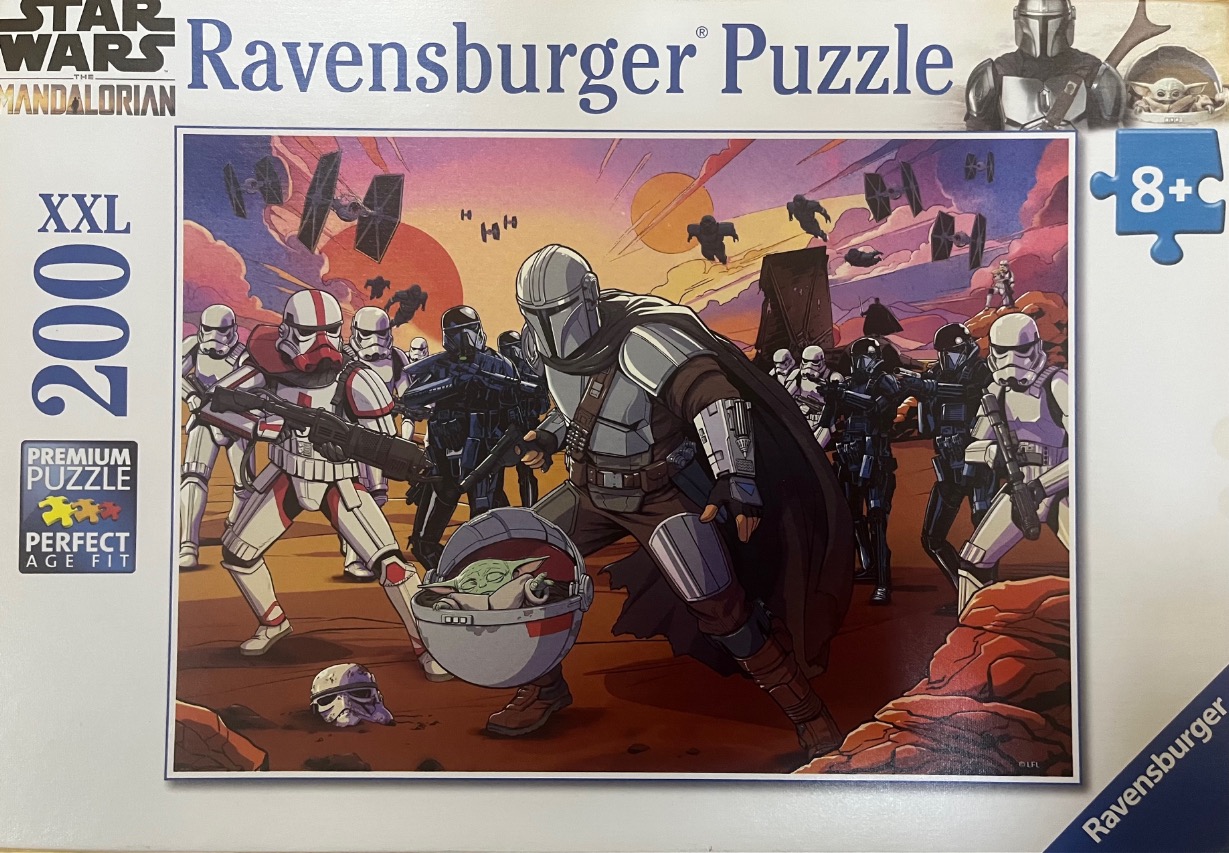Illustration of the Mandalorian protecting Grogu from Imperial troopers on a desert planet at sunset.