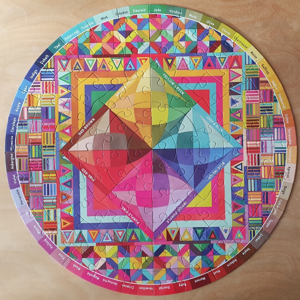 A circular color wheel diagram with complex geometric patterns in vibrant hues.