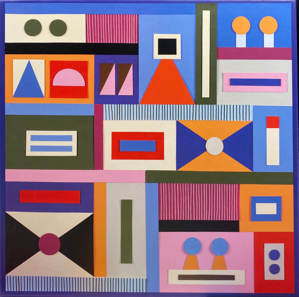An abstract composition featuring geometric shapes in vibrant, flat colors arranged in a grid-like collage style.