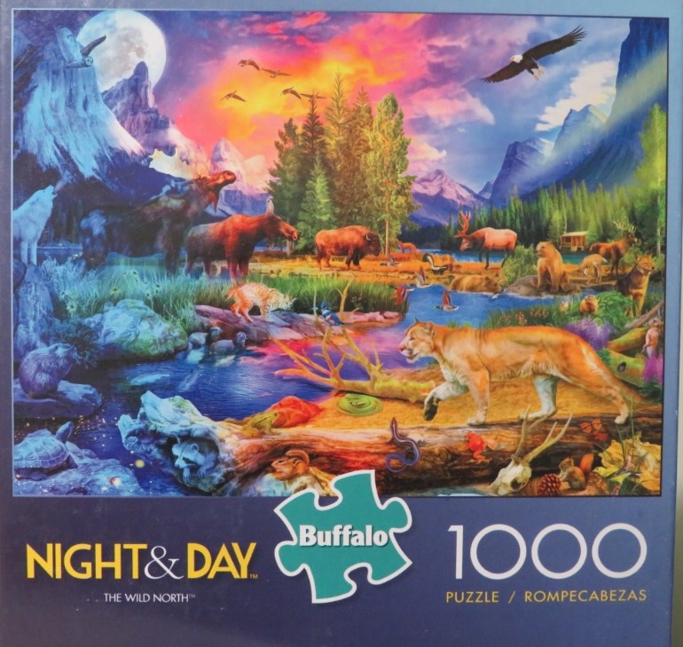 A vibrant fantasy illustration of a North American wilderness landscape teeming with diverse wildlife under a sunset sky.