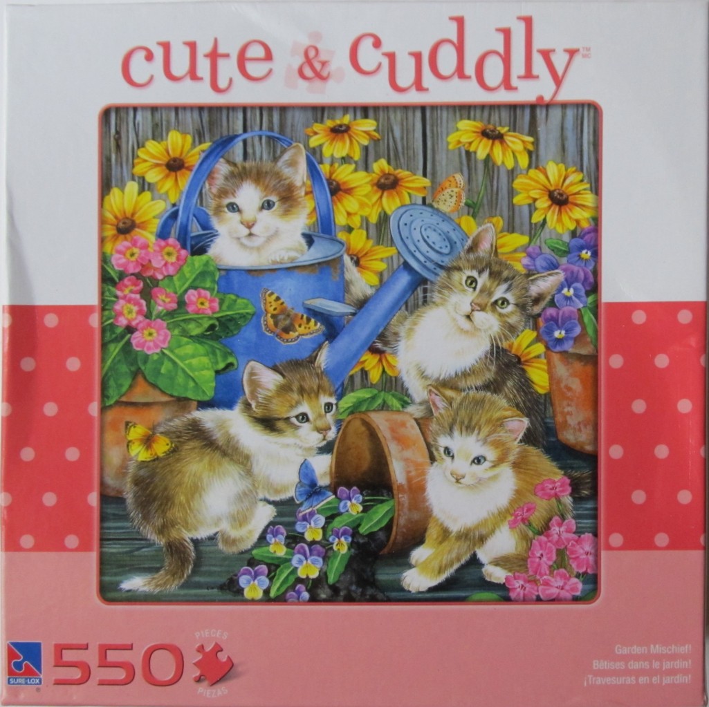 Four kittens playing in a garden with a blue watering can, flowers, and butterflies.