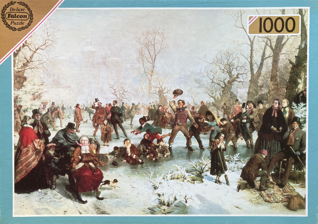 Victorian-era winter scene with people ice skating and playing on a frozen pond in a snowy park.