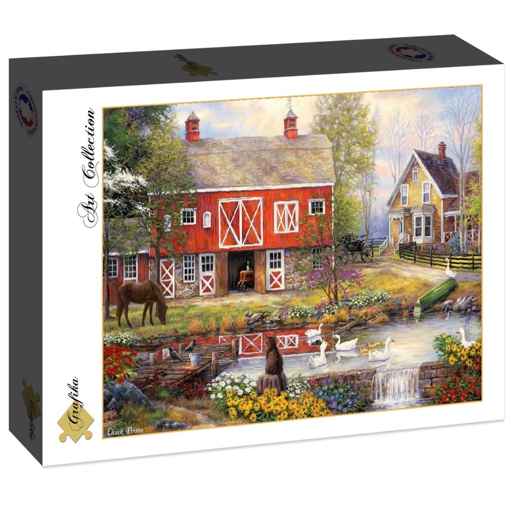 A pastoral landscape featuring a red barn, a yellow house, a pond with ducks, and a grazing horse.