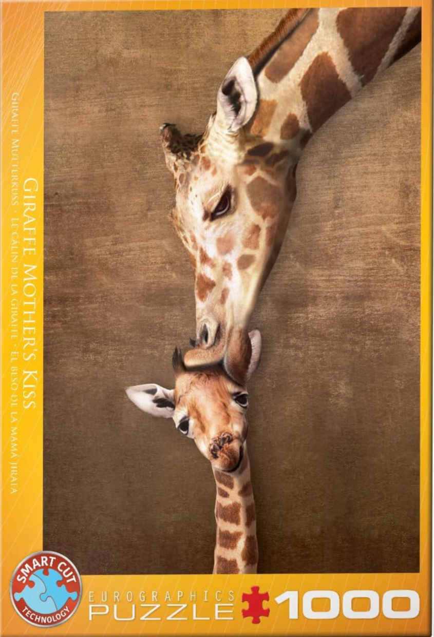 A close-up photograph of an adult giraffe nuzzling a baby giraffe against a neutral, textured brown background.