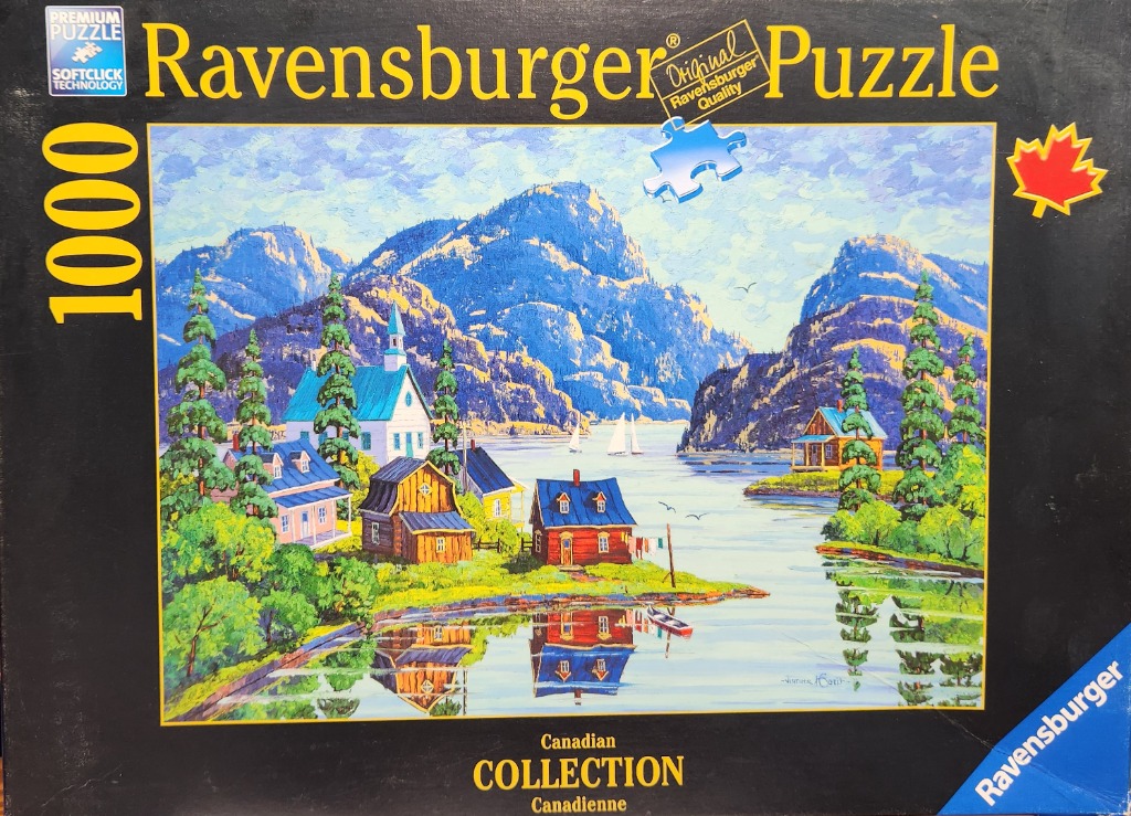 An oil painting of a Canadian lake scene with a white church and colorful cabins nestled among mountains.
