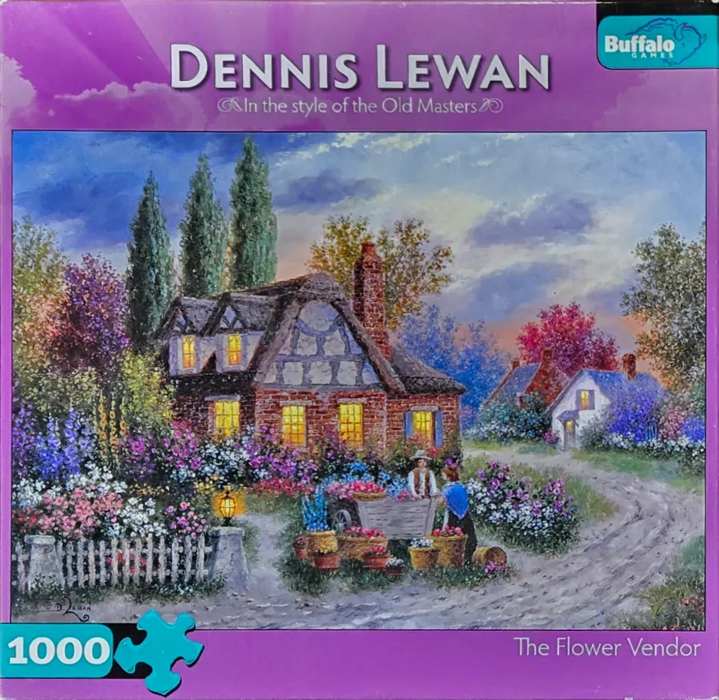 A painting of a cottage with a flower vendor in the garden at dusk.