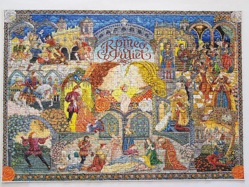 An intricate, storybook-style illustration of Romeo and Juliet scenes with the title centered.