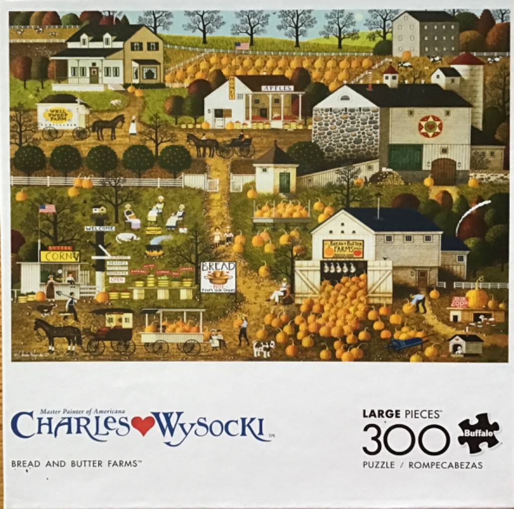 Folk art scene of Bread and Butter Farms featuring harvest activities, pumpkin patches, and rustic white farm buildings.