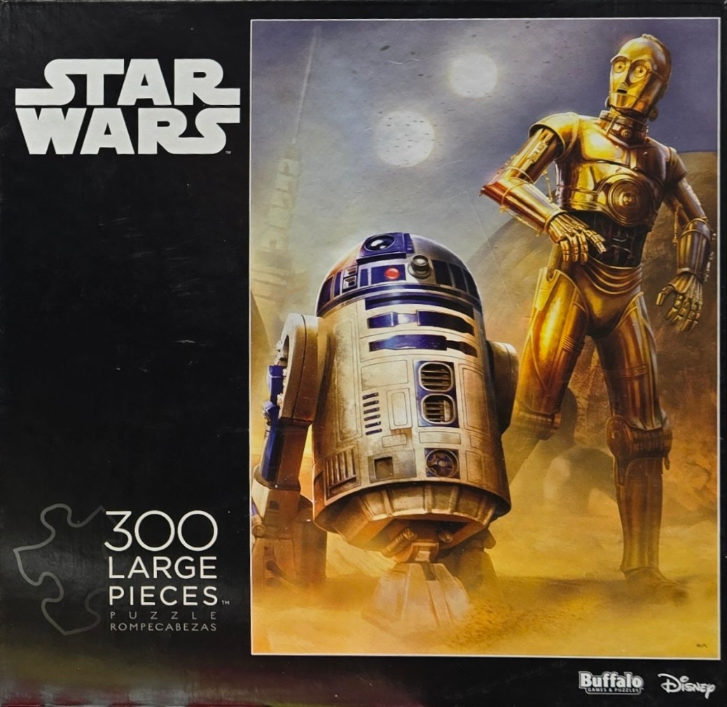 Star Wars C-3PO and R2-D2 standing on a desert planet with twin suns in the background.