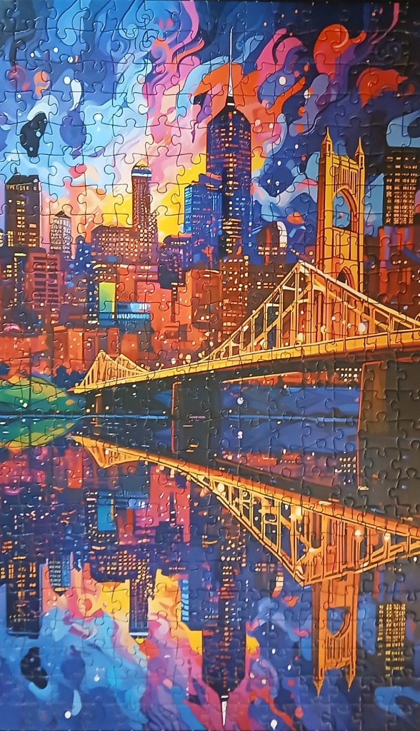 Stylized illustration of a glowing city skyline and bridge reflecting on water at twilight.