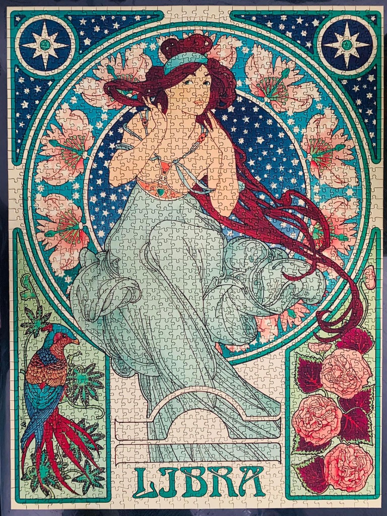 Art Nouveau style illustration of the Libra zodiac sign featuring a woman, flowers, and a bird.