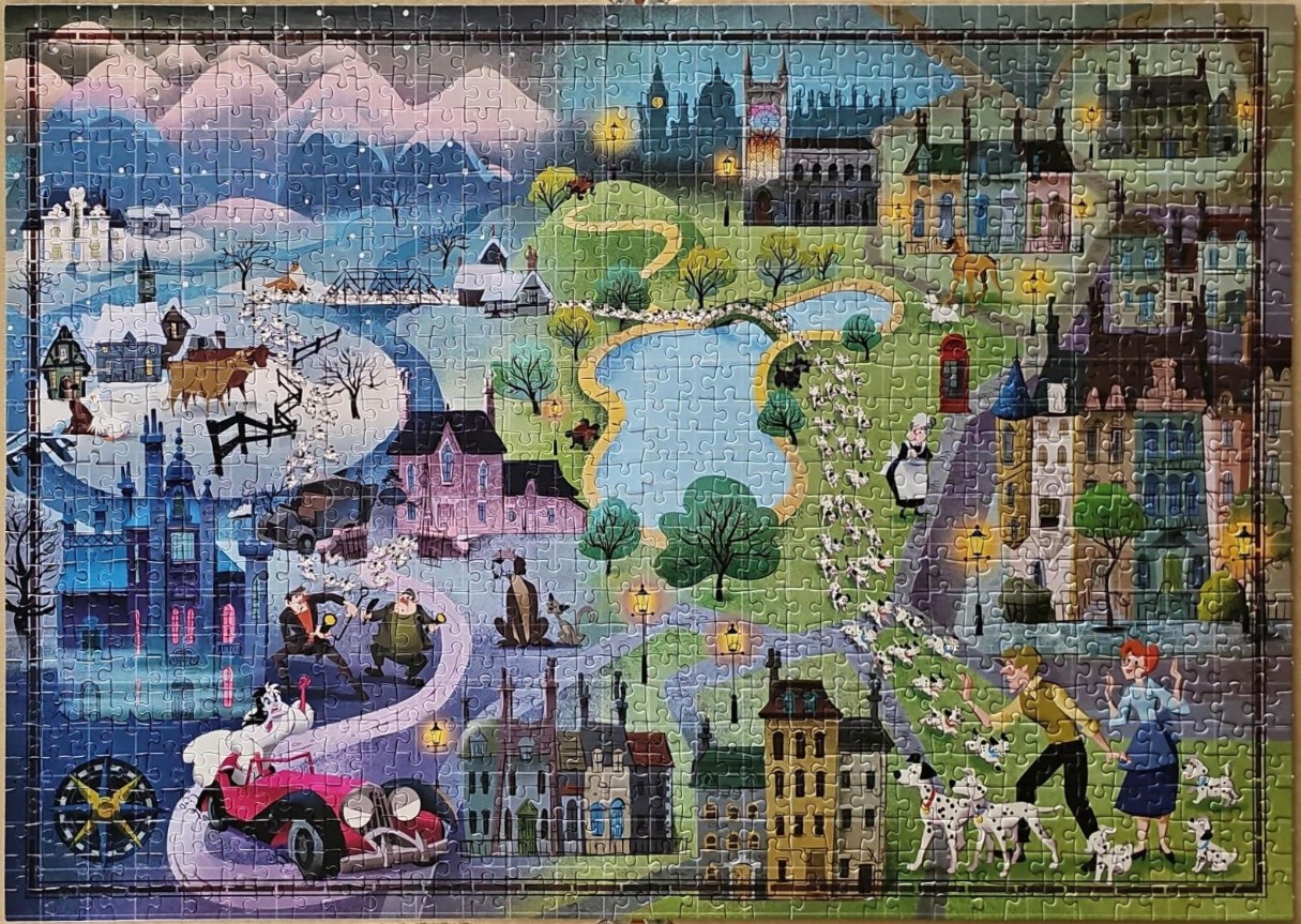 Cartoon illustration of a snowy town scene with characters from 101 Dalmatians including Cruella de Vil and the dogs.