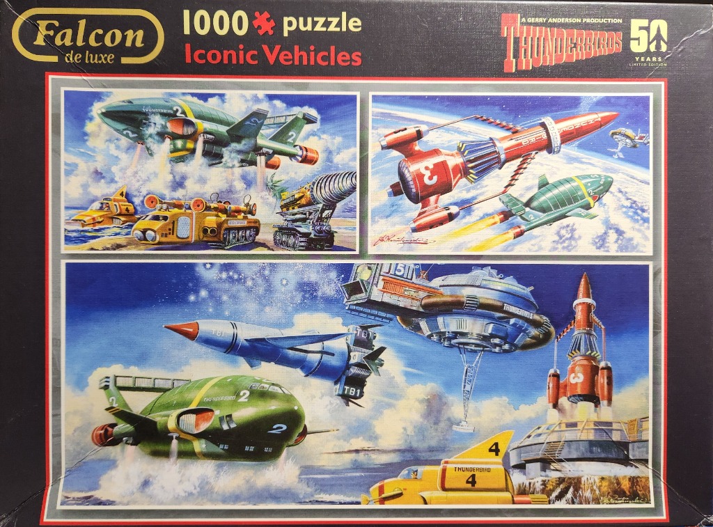 A montage of vintage Thunderbirds vehicle illustrations featuring space rockets and land craft.